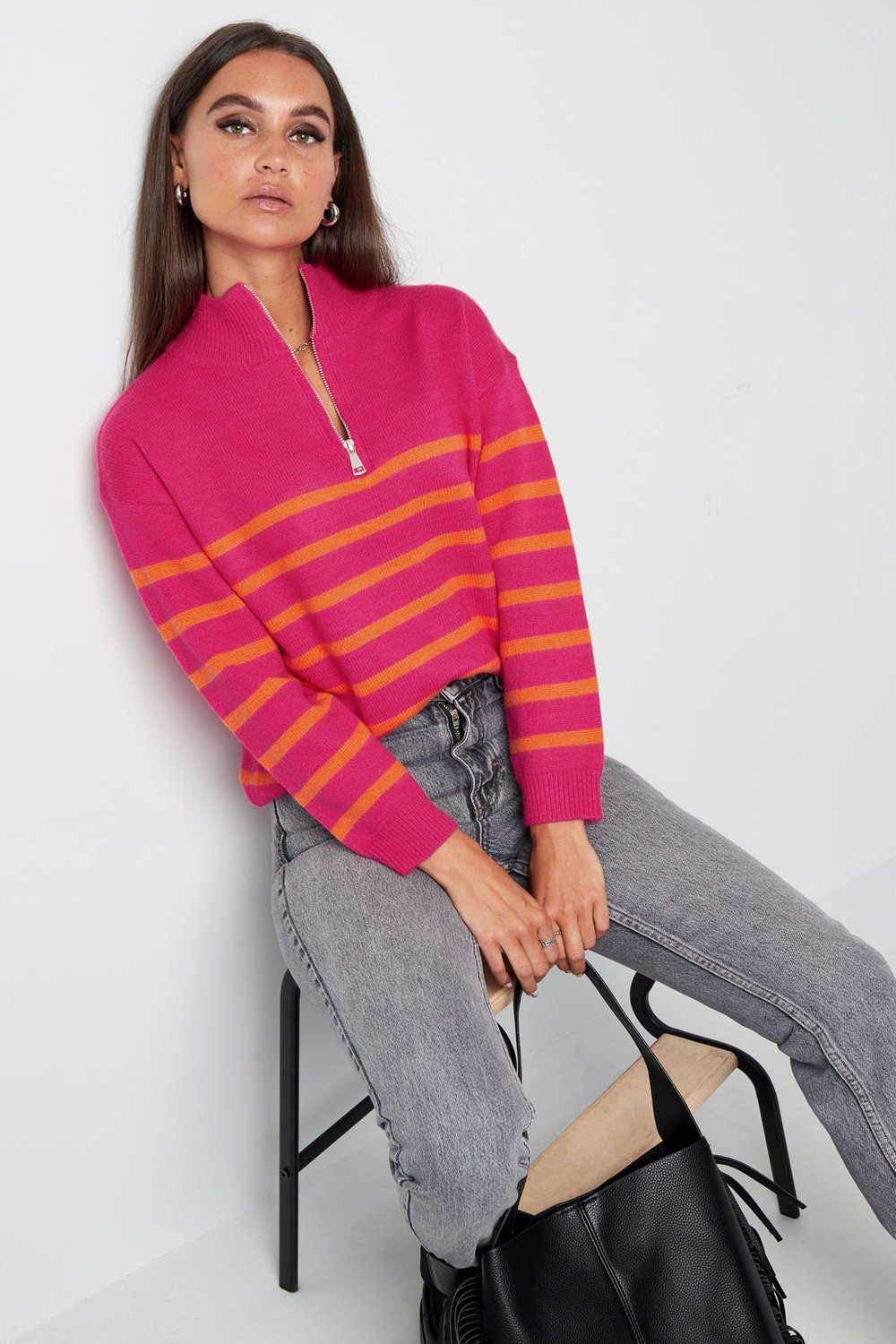 Knitted sweater stripes with zipper - beige black - SM h5Picture7